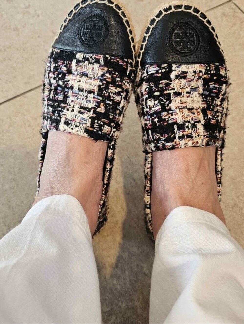 Tory Burch Black Tweed Espadrille-Style Flats with Leather Cap